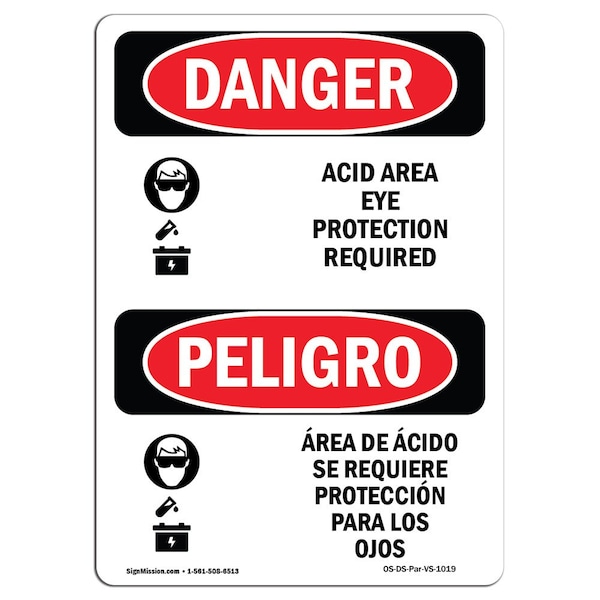 OSHA, Acid Area Eye Protection Required Bilingual, 18in X 12in Rigid Plastic, 12" W, 18" H, Spanish